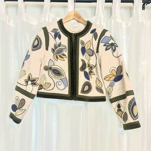 Veronica Beard Womens Beige Benicia Embroidered Silk Beaded Jacket